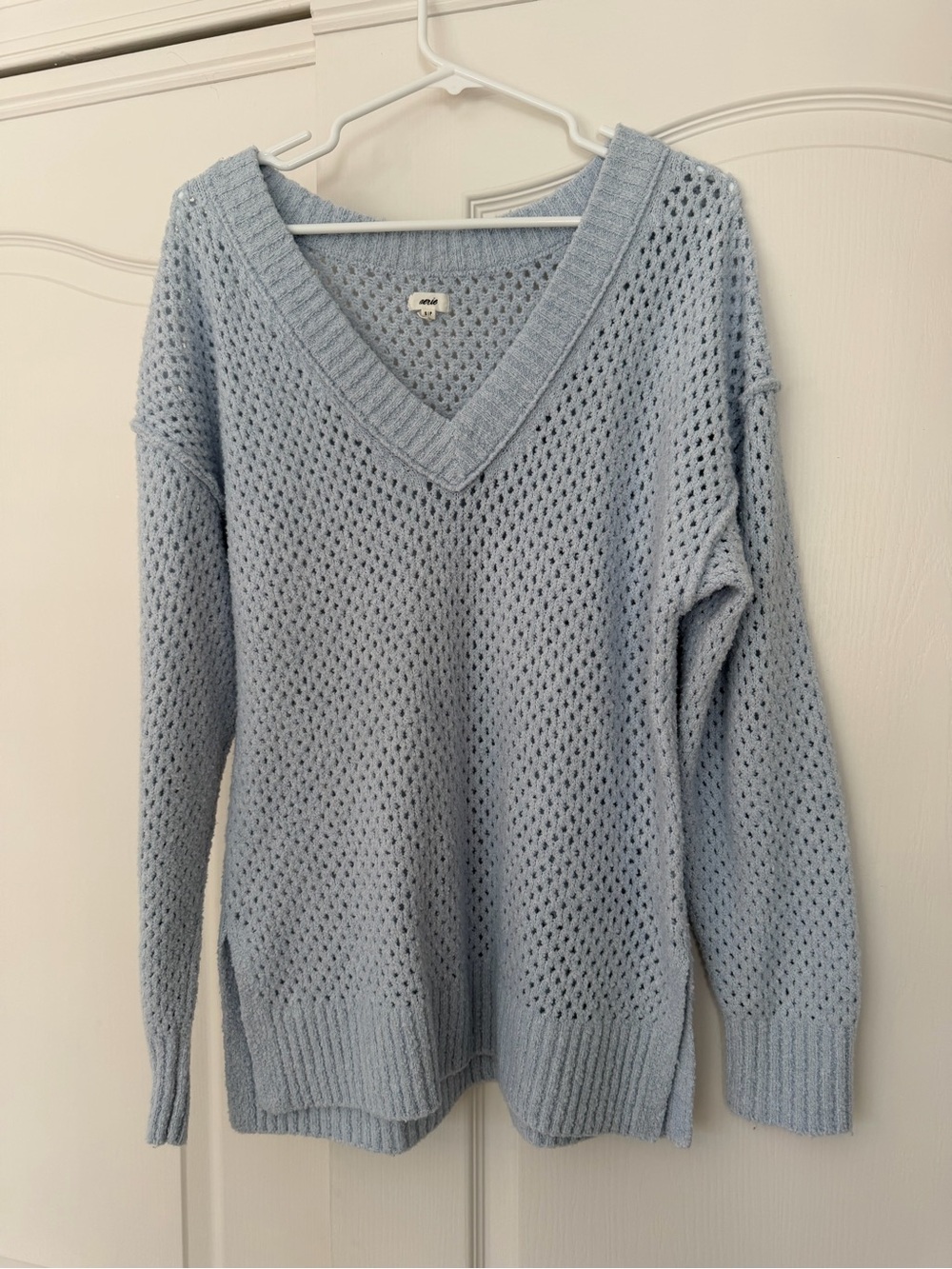 aerie Light Blue Open-Knit V-Neck Oversized Sweater Size S